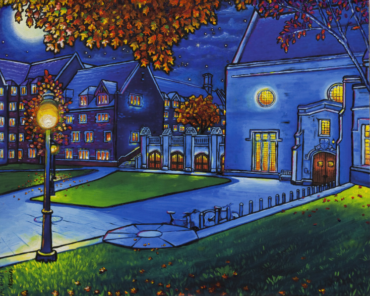 Artist Robert Hummel, Princeton at Night, Paintings of Nassau Hall, Paintings of Whitman College, Paintings of Princeton universiity. Princeton paintings and prints gifts r