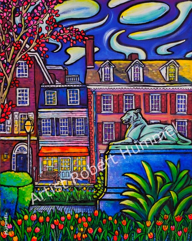 Artist Robert Hummel, Princeton palmer Square, Chez Alice gourmet bakery and cafe, Paintings Nassau Hall, Princeton paintings and prints, Princeton art show galleries. Artist Robert Hummel, Princeton impressions